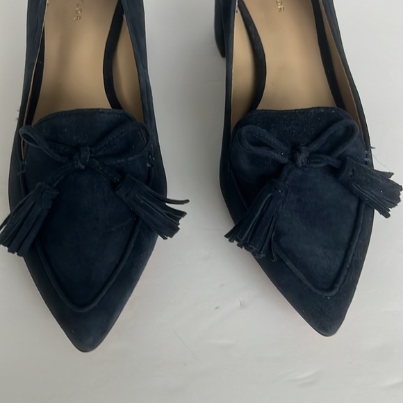 Ann Taylor $128 Womens Shoes Rumer Suede Tassel Block Heel Pumps Blue Size 5 New - Picture 5 of 5